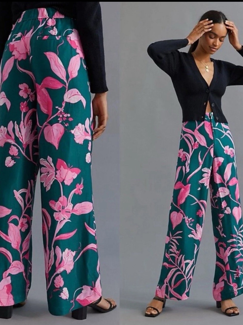 Anthropologie Breezy Tropical Green Pink Floral Print Satin Dress Pants Size 2